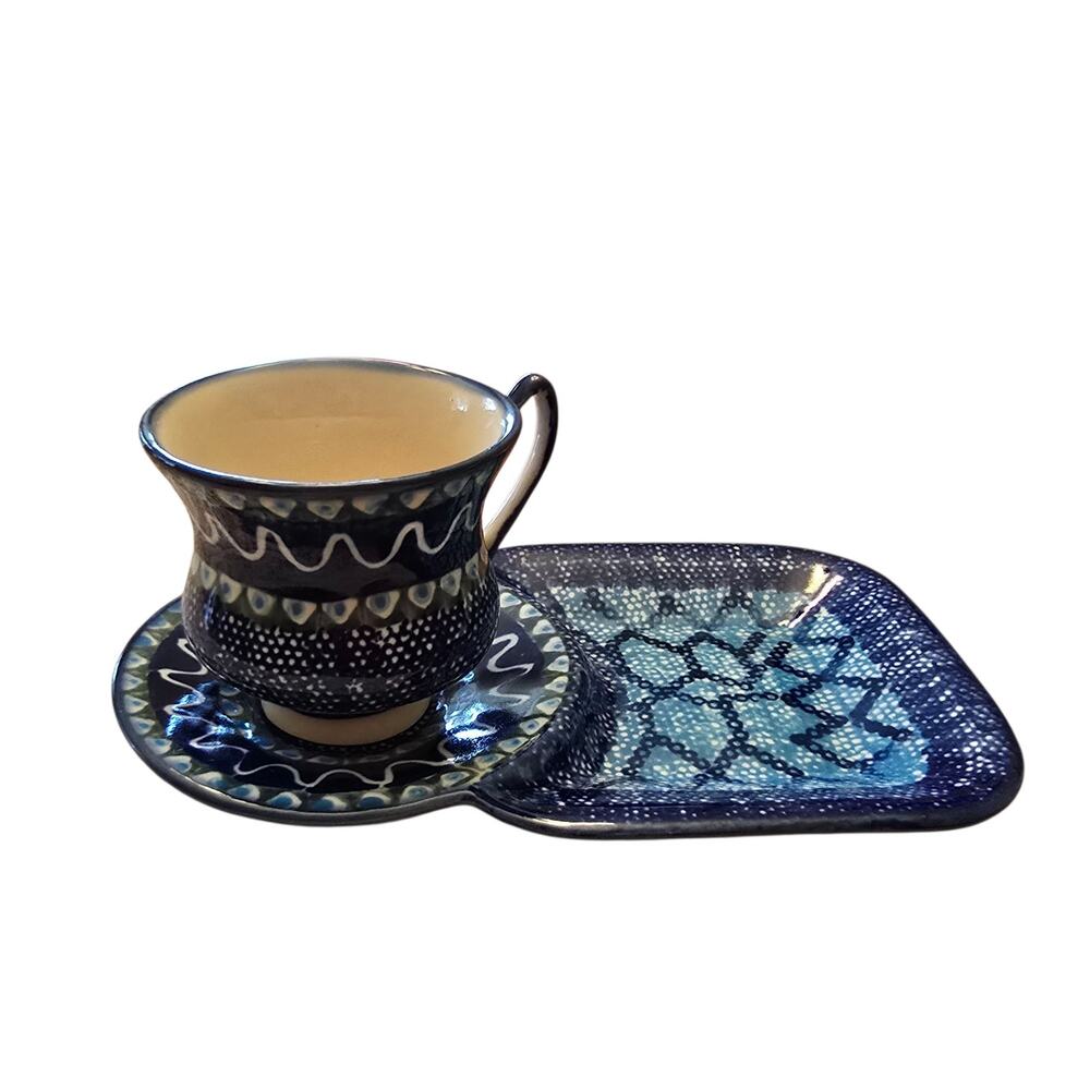 Polish Pottery  Snack & Coffee/Tea Mug Set Hand Painted Signed See Desc